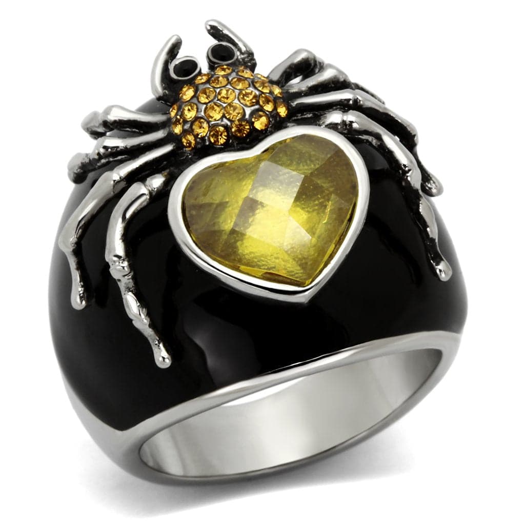 Stainless Steel Black Enamel Crystal Spider Heart Ring