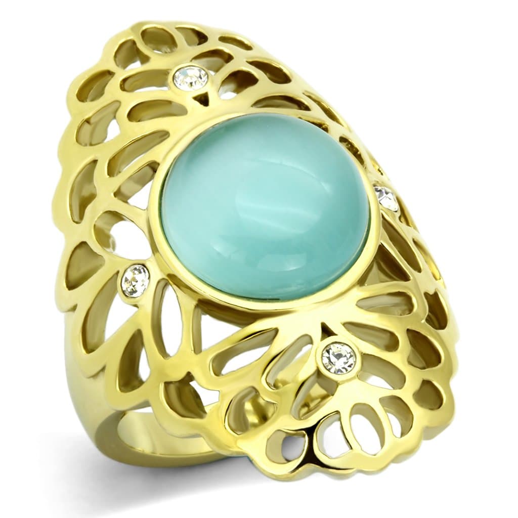 Stainless Steel Gold Filigree Turquoise Cabochon Oval Ring