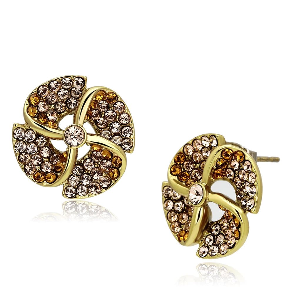 Stainless Steel Gold Champagne Crystal Pinwheel Stud Earrings