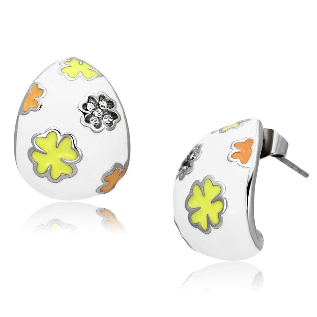 Stainless Steel White Enamel Multi Color Clover Hoop Earrings