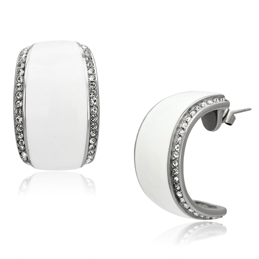 Stainless Steel White Ceramic CZ Huggie Hoop Earrings