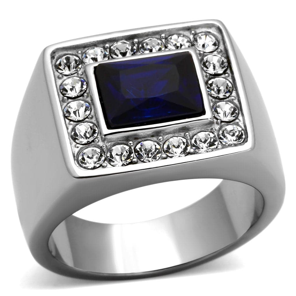 Stainless Steel Blue Sapphire Emerald Cut CZ Halo Mens Ring