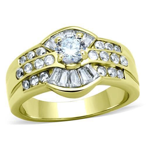 Stainless Steel Gold CZ Round Baguette Channel Wide Band Ring