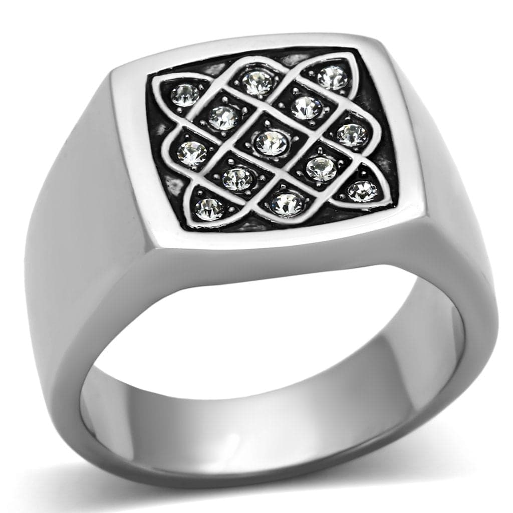 Stainless Steel CZ Lattice Grid Mens Signet Ring