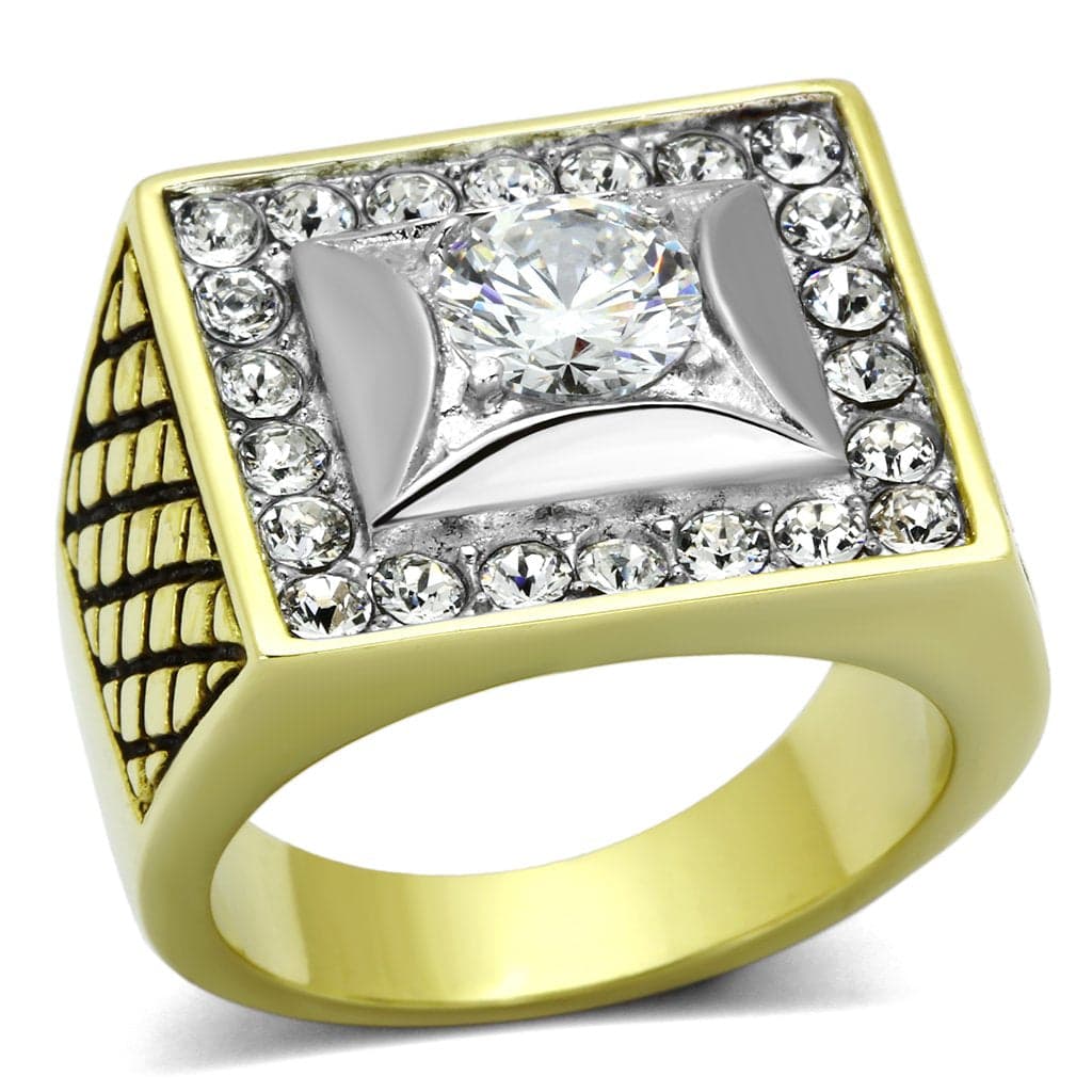 Stainless Steel Gold CZ Princess Halo Mens Signet Ring
