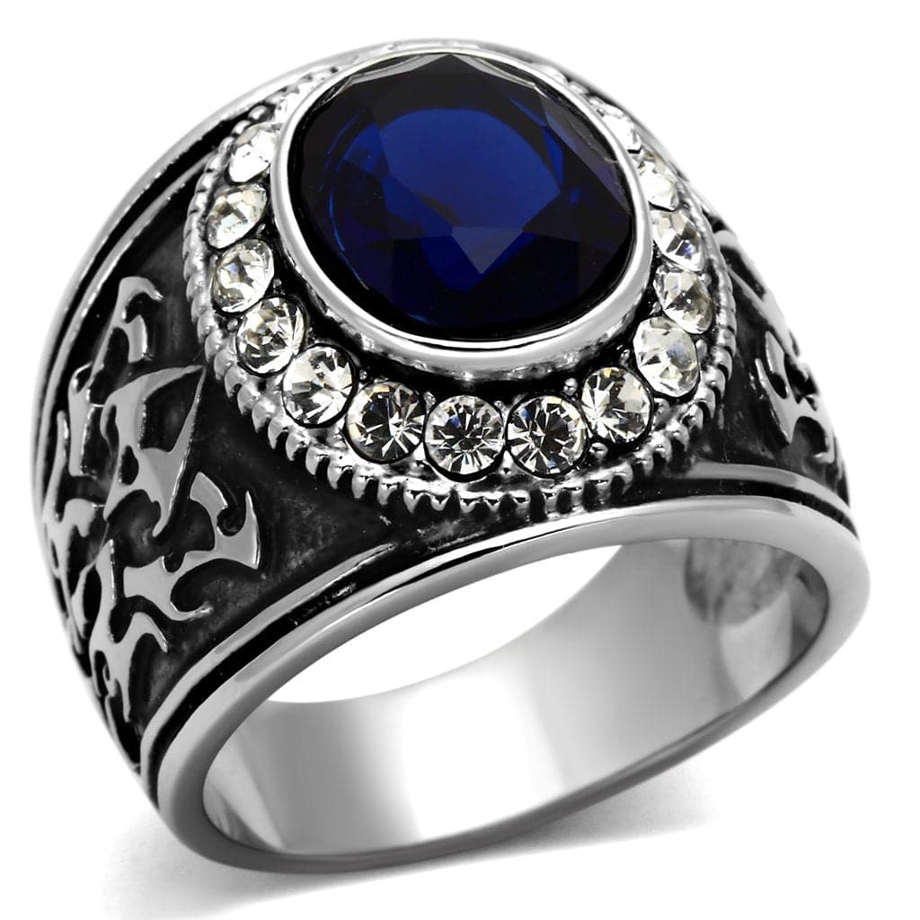 Stainless Steel Blue Sapphire Oval CZ Halo Antiqued Mens Ring