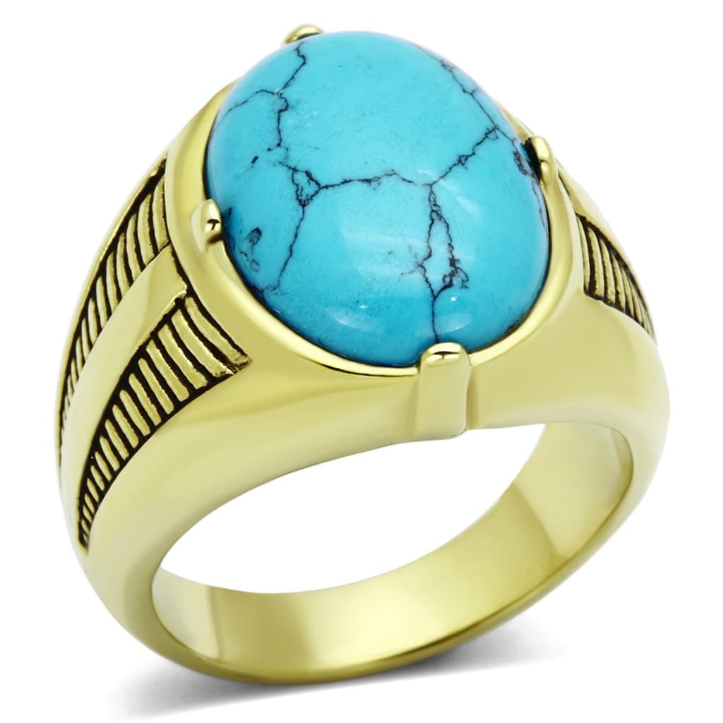 Stainless Steel Gold Turquoise Round Cabochon Mens Signet Ring