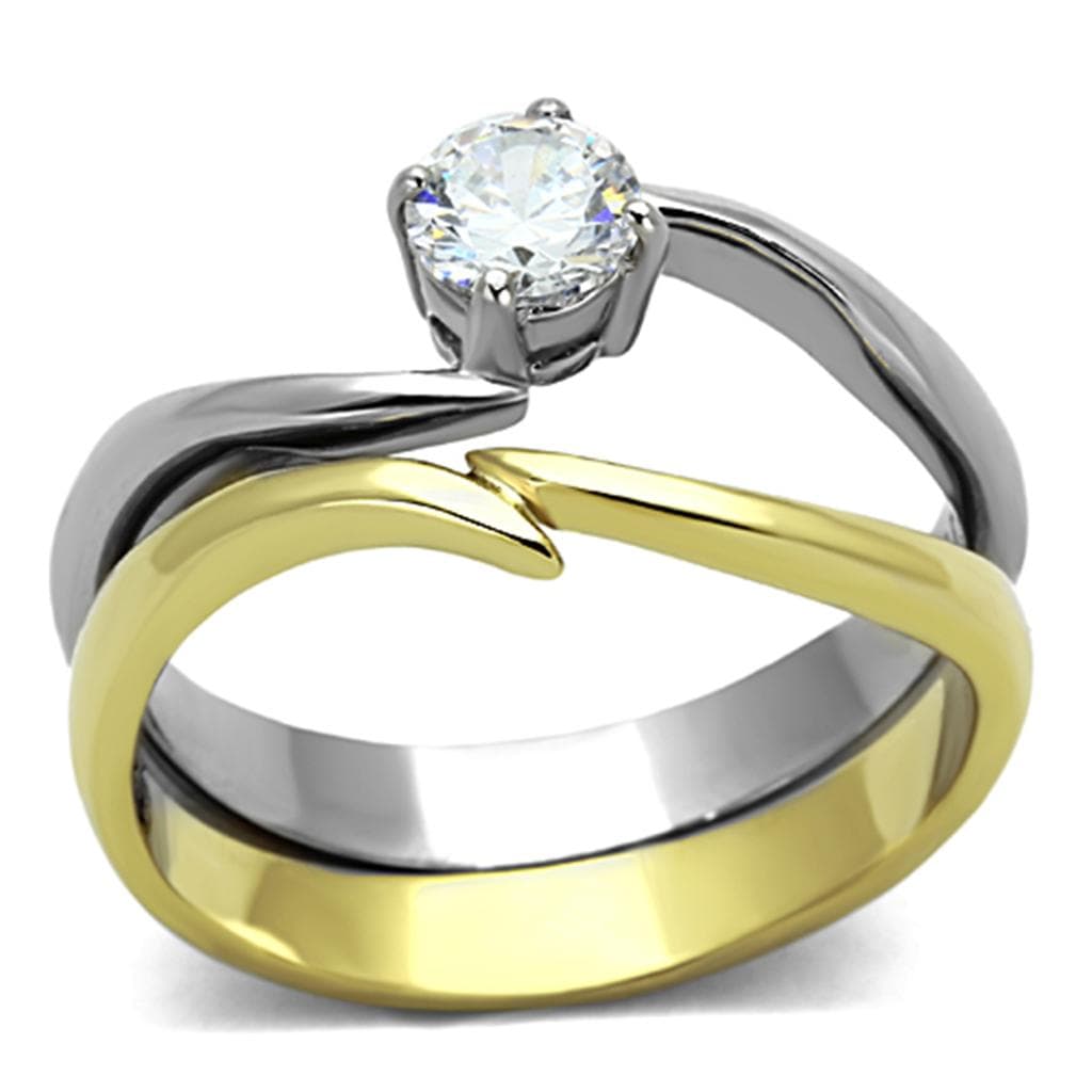 Stainless Steel Two Tone CZ Round Solitaire Bypass Bridal Ring