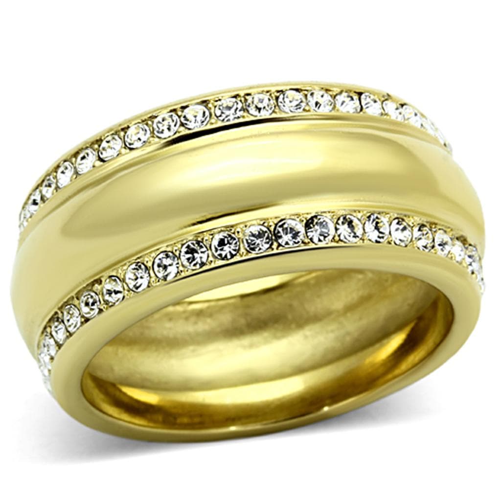 Stainless Steel Gold CZ Channel Double Row Wide Band Ring