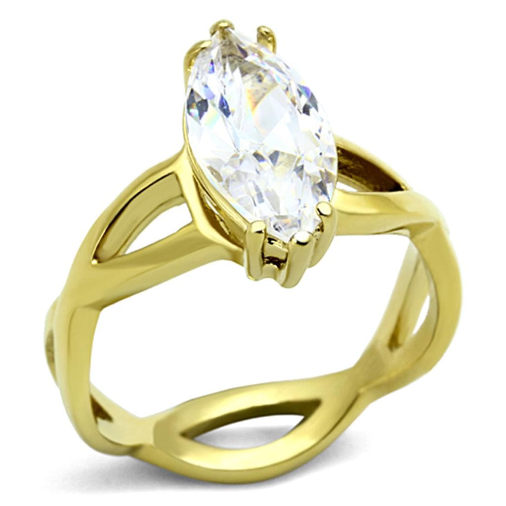 Stainless Steel Gold CZ Marquise Solitaire Open Weave Ring