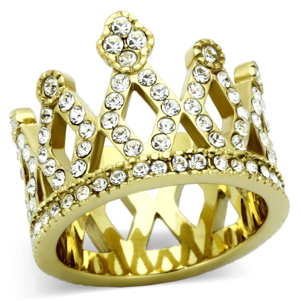 Stainless Steel Gold CZ Pave Crown Tiara Ring