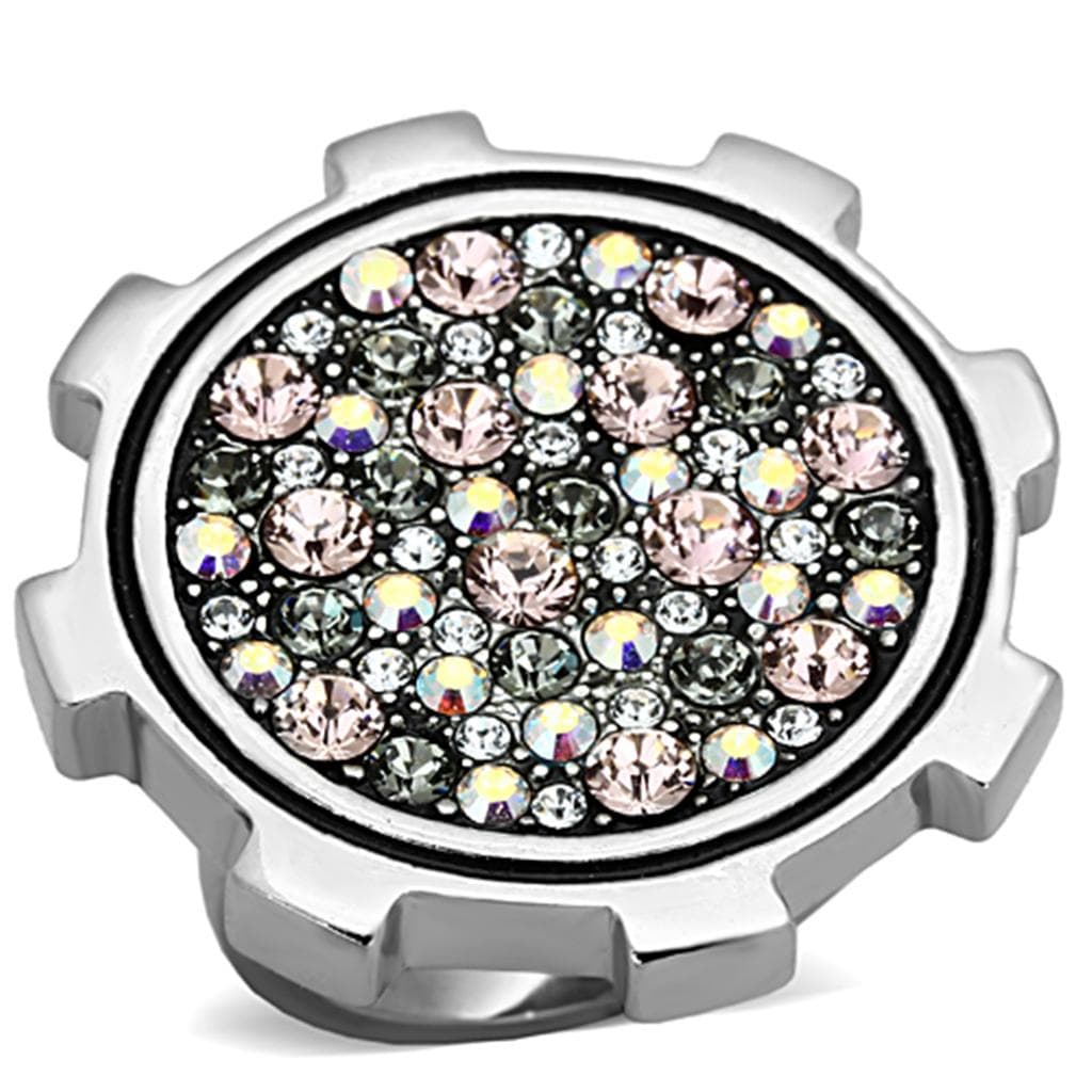 Stainless Steel Champagne Crystal Pave Gear Dome Ring