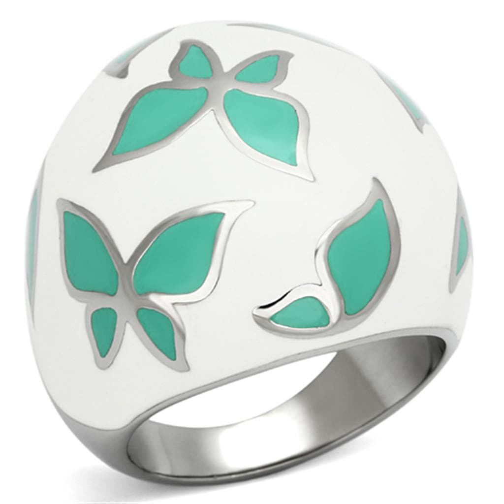 Stainless Steel Teal Enamel Butterfly Dome Ring