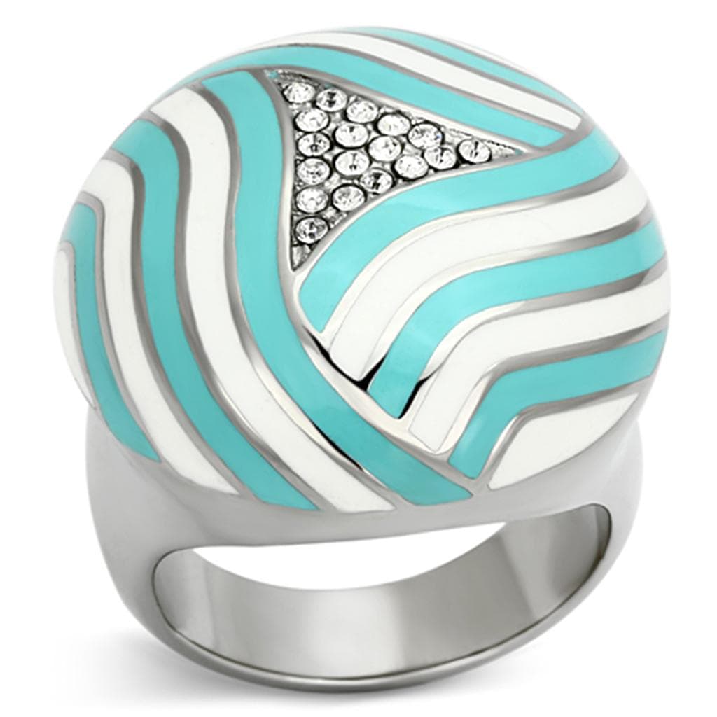Stainless Steel Turquoise White Enamel CZ Wave Dome Ring