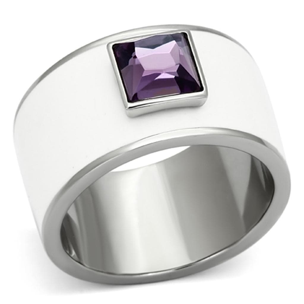 Stainless Steel Amethyst Princess Bezel Wide Band Ring