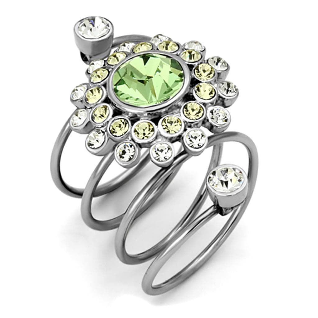 Stainless Steel Green Crystal Flower CZ Dual Band Ring