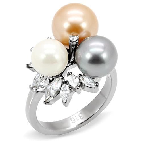 Stainless Steel Multi Color Pearl CZ Cluster Cocktail Ring
