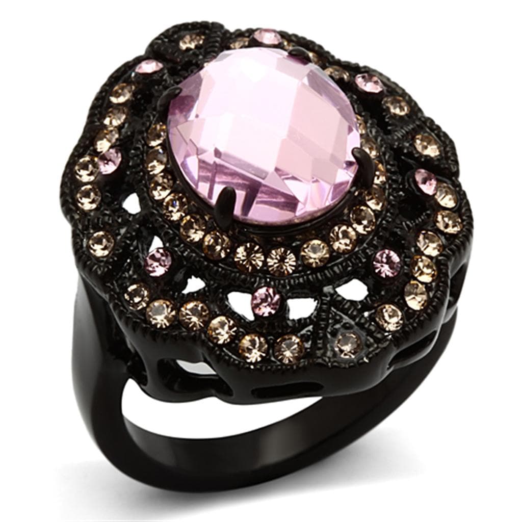 Stainless Steel Black Pink Oval Crystal Filigree Cocktail Ring