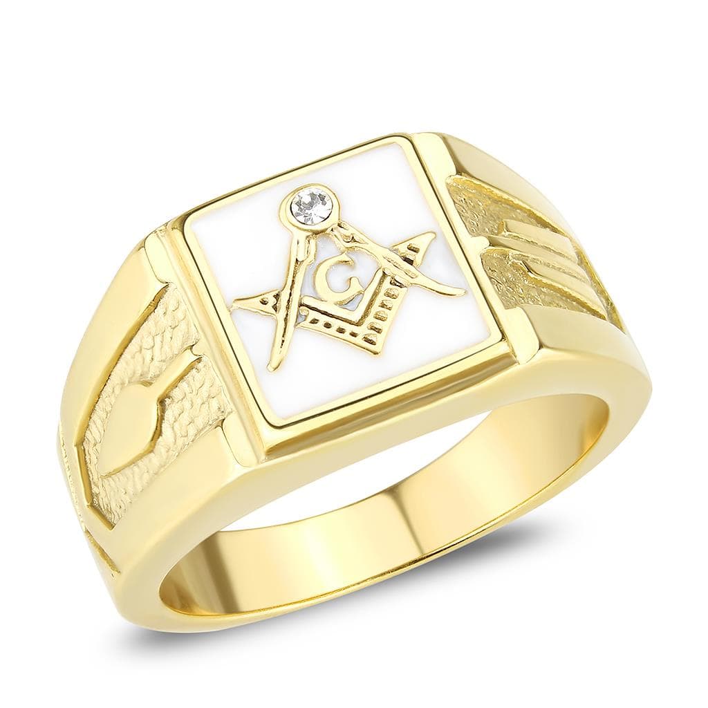 Stainless Steel Gold Masonic CZ Accent Signet Ring