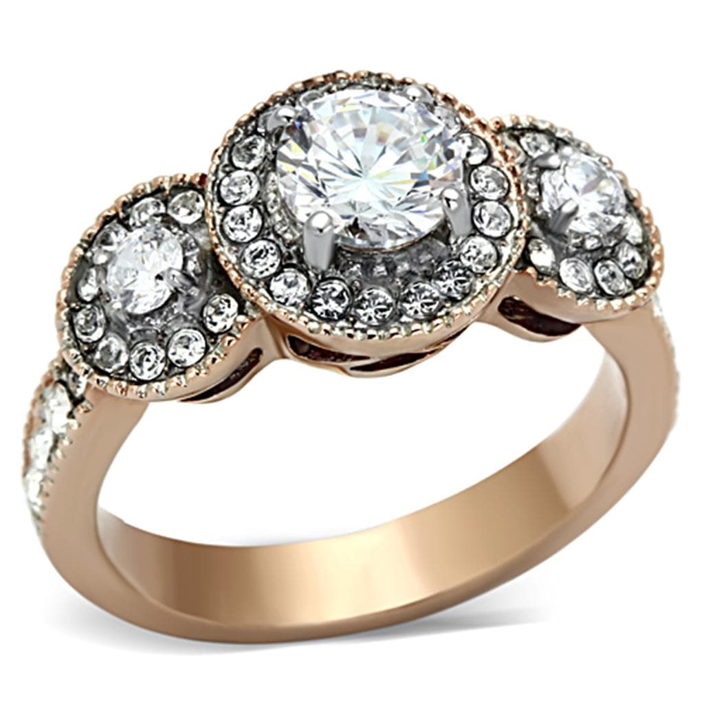 Stainless Steel Rose Gold CZ Round Three Stone Halo Ring