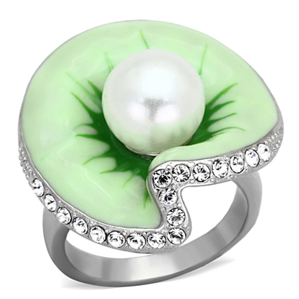 Stainless Steel Green Enamel Pearl CZ Dome Ring