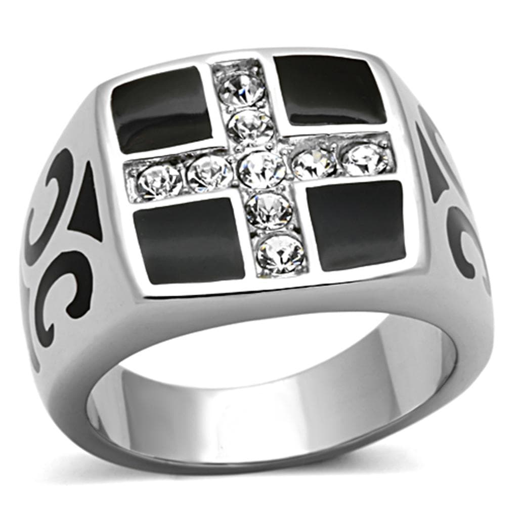 Stainless Steel Black Enamel CZ Cross Mens Signet Ring