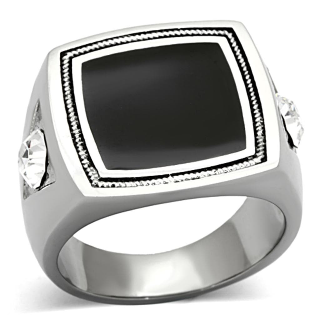 Stainless Steel Black Onyx Square Milgrain Mens Signet Ring