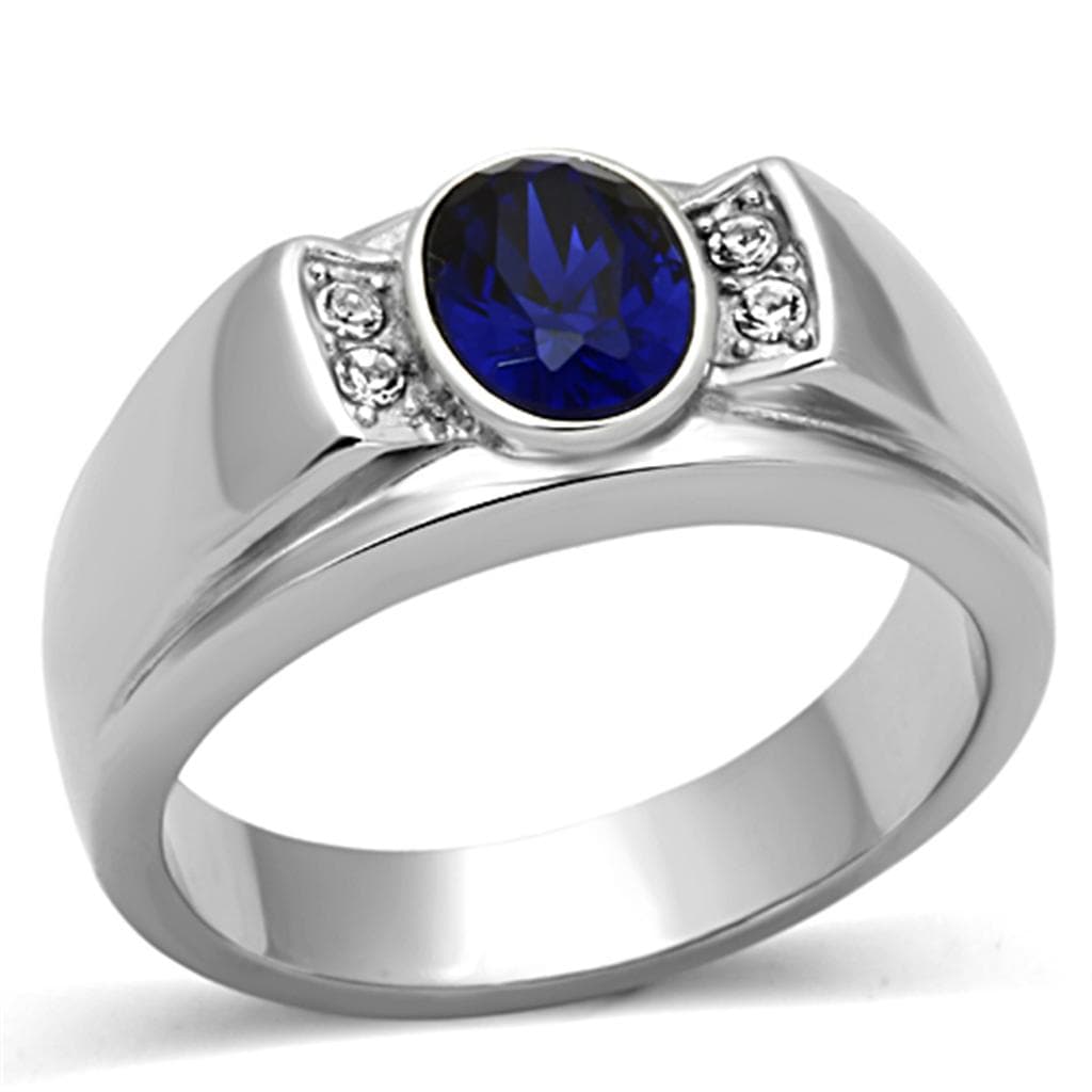 Stainless Steel Blue Sapphire Oval CZ Accent Mens Band Ring