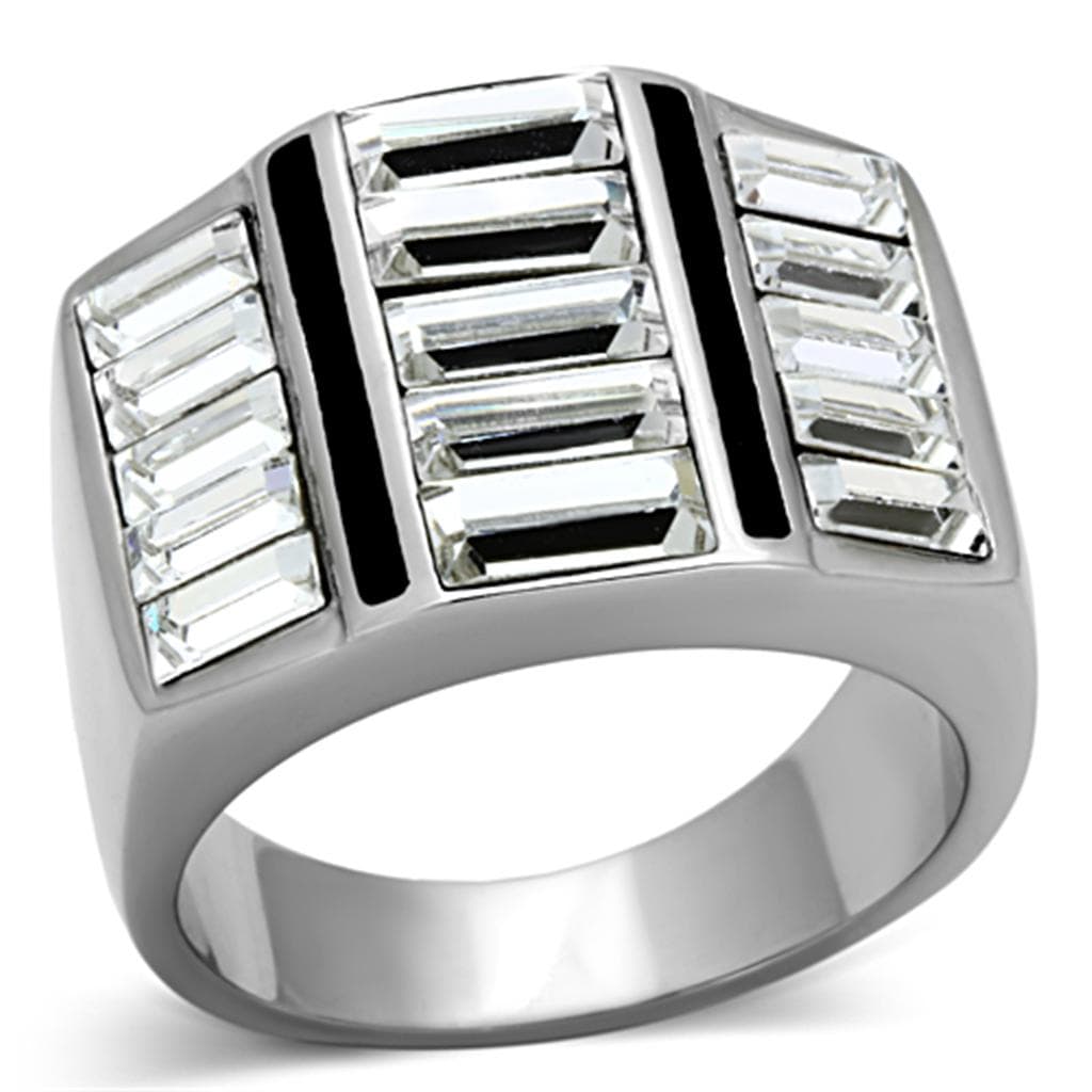Stainless Steel CZ Baguette Channel Black Stripe Mens Signet Ring