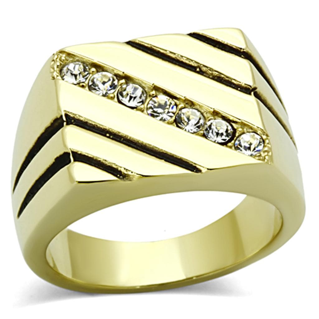 Stainless Steel Gold CZ Diagonal Channel Stripe Mens Signet Ring
