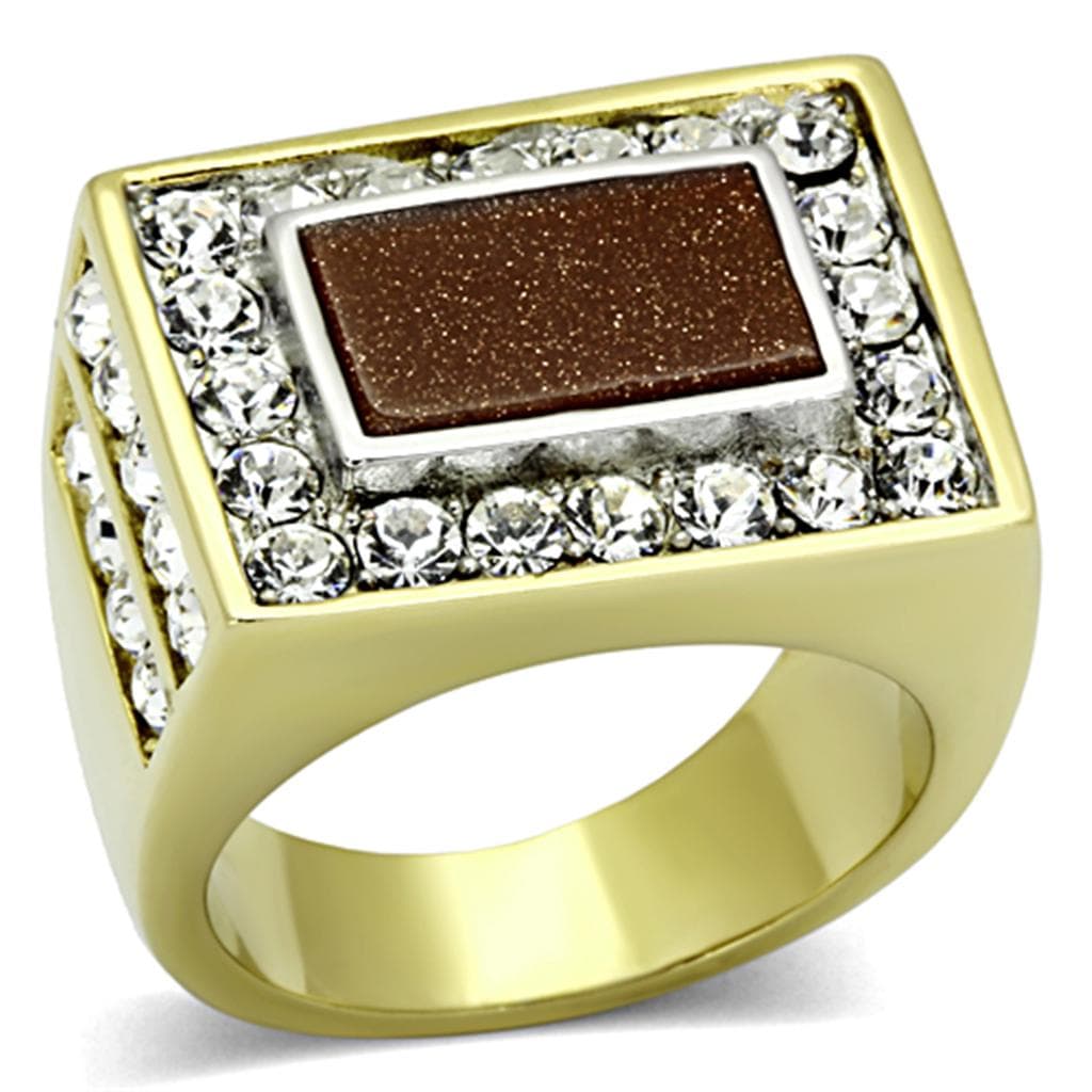 Stainless Steel Gold Goldstone Rectangle CZ Halo Mens Signet Ring