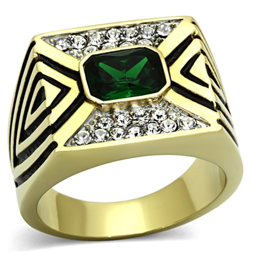 Stainless Steel Gold Emerald Princess Greek Key CZ Mens Ring