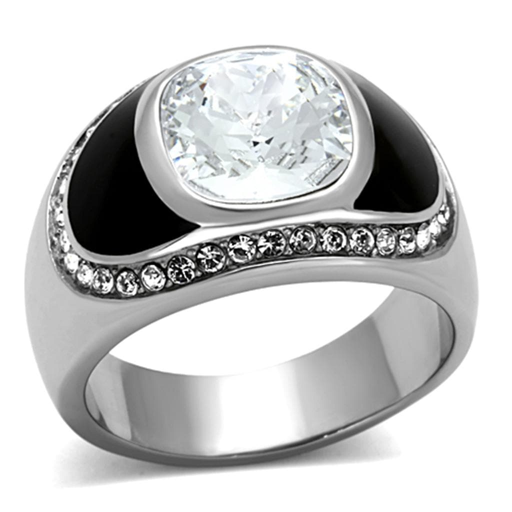 Stainless Steel Black Onyx CZ Oval Pave Mens Signet Ring