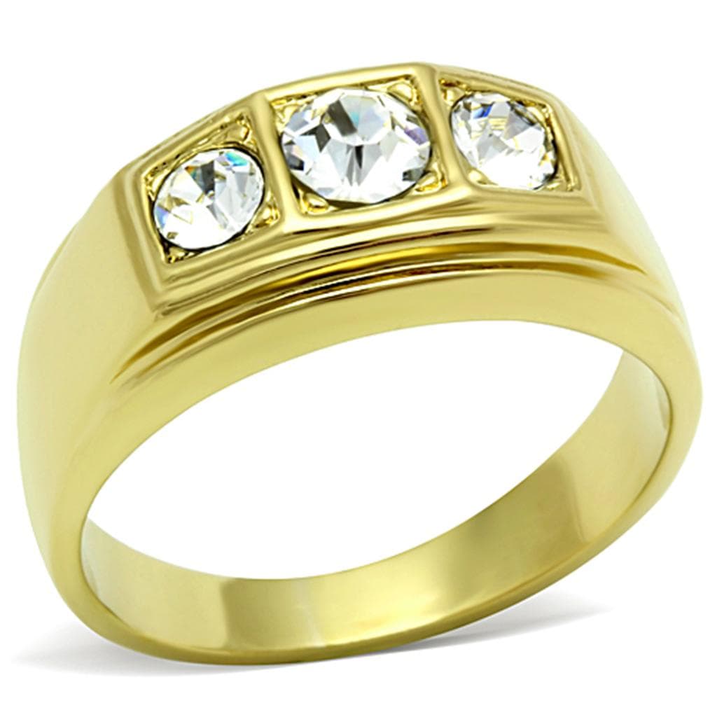 Stainless Steel Gold CZ Three Stone Bezel Mens Signet Ring