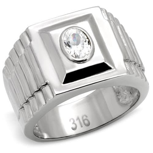 Stainless Steel CZ Round Bezel Rectangle Mens Signet Ring