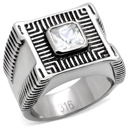 Stainless Steel CZ Princess Greek Key Mens Signet Ring