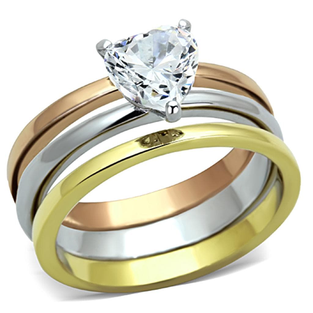 Stainless Steel Tri Color CZ Heart Solitaire Stackable Set Ring