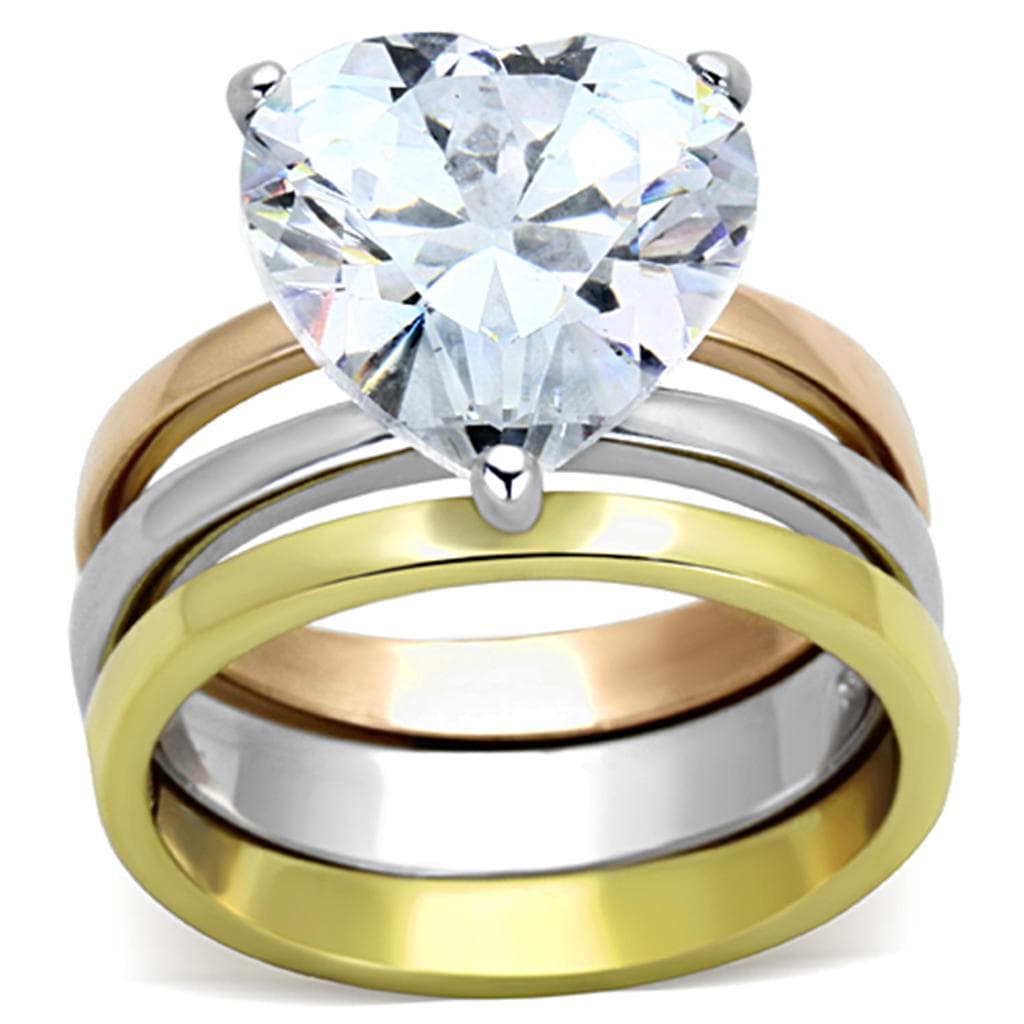 Stainless Steel Tri Color CZ Heart Solitaire Stackable Set Ring