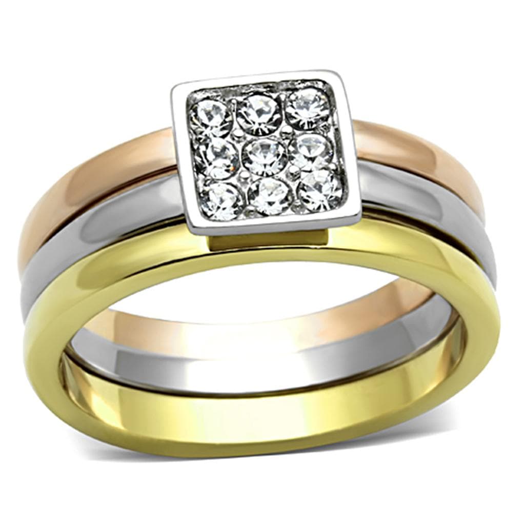Stainless Steel Tri Color CZ Square Pave Stackable Set Ring