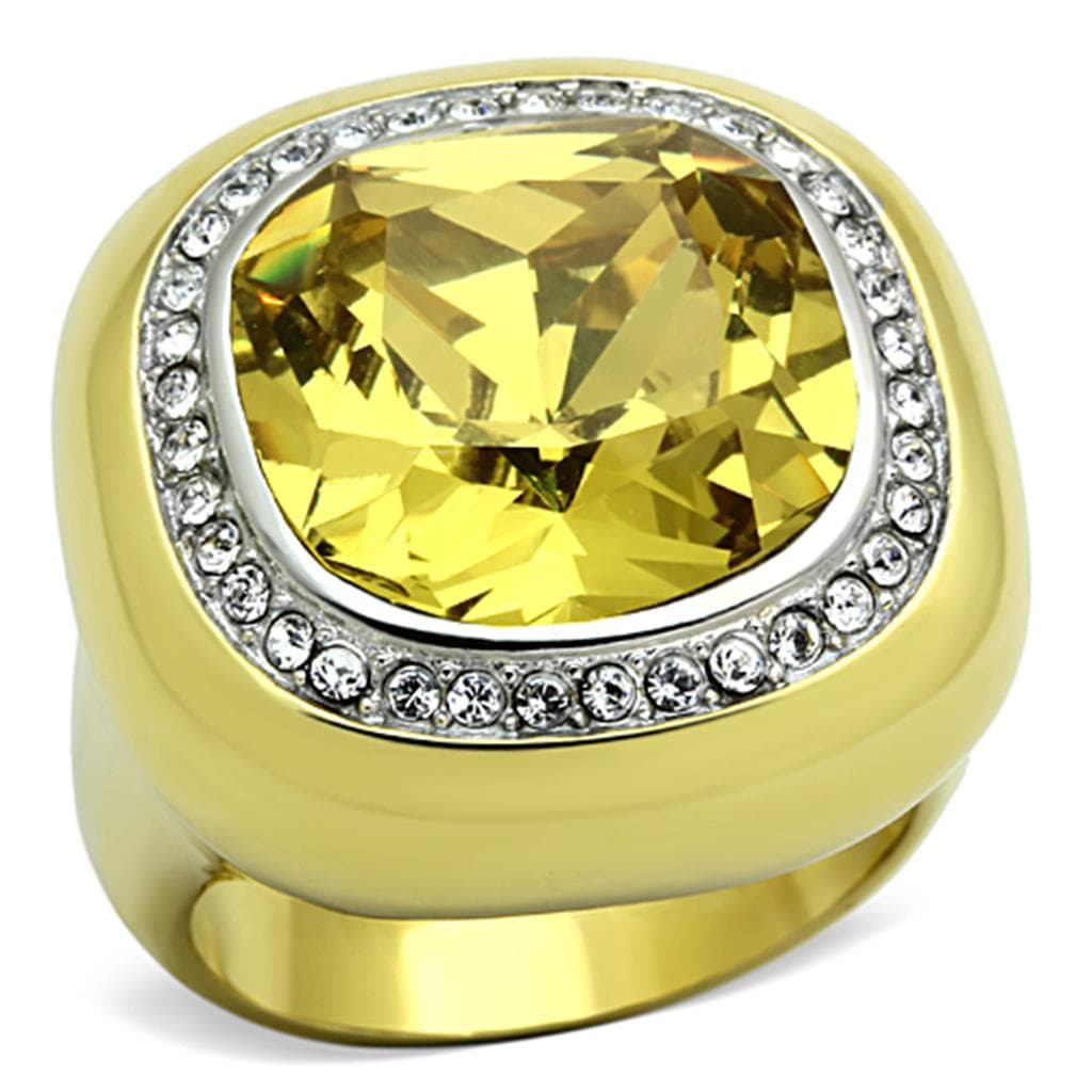 Stainless Steel Gold Champagne Cushion CZ Halo Ring