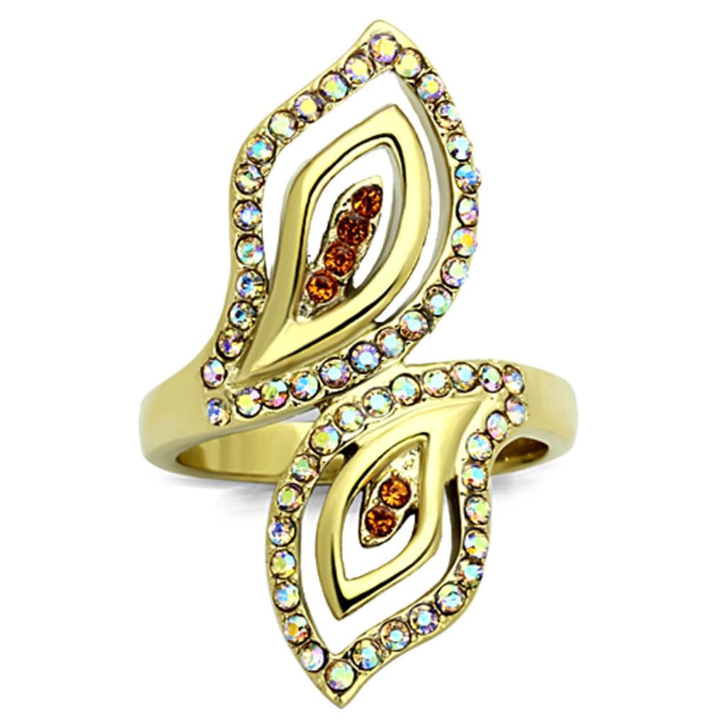 Stainless Steel Gold Aurora Borealis Crystal Marquise Leaf Ring