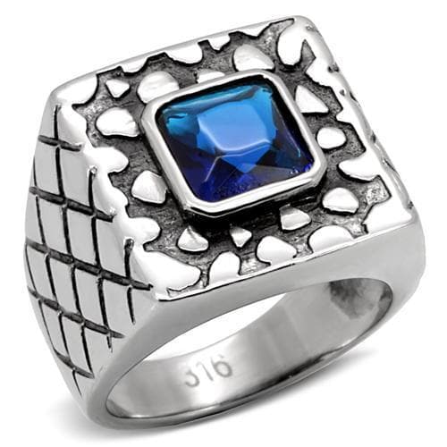 Stainless Steel Blue Sapphire Princess Checker Mens Signet Ring