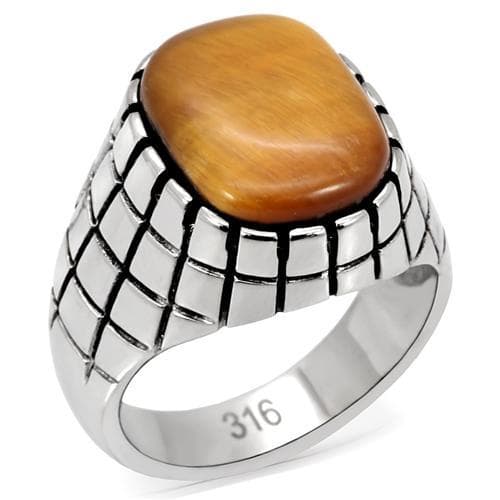 Stainless Steel Tiger Eye Oval Grid Pattern Mens Signet Ring