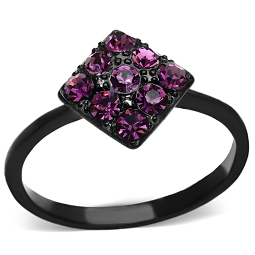 Stainless Steel Black IP Fuchsia Crystal Square Cluster Ring