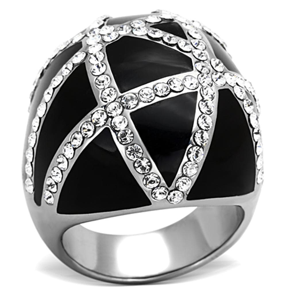 Stainless Steel Black Enamel CZ Geometric Triangle Dome Ring