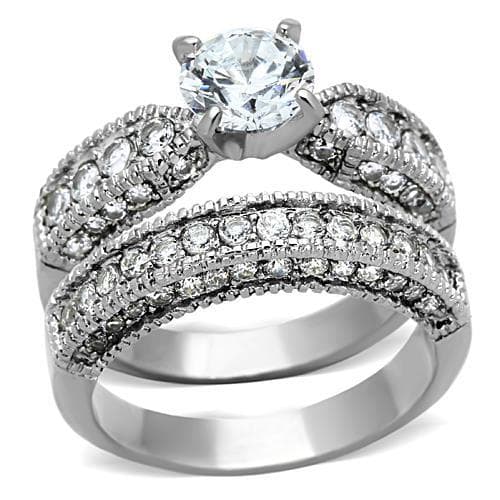 Stainless Steel CZ Round Solitaire Wide Pave Bridal Set Ring