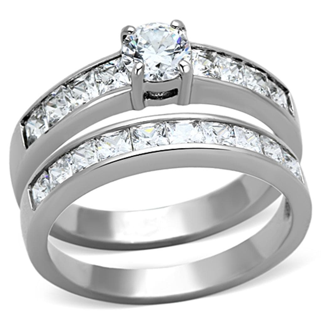 Stainless Steel CZ Round Solitaire Channel Bridal Set Ring