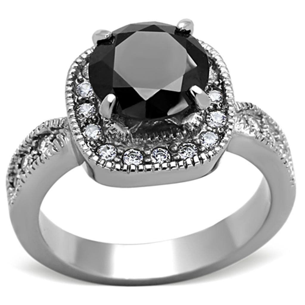 Stainless Steel Black Round CZ Pave Halo Swirl Ring