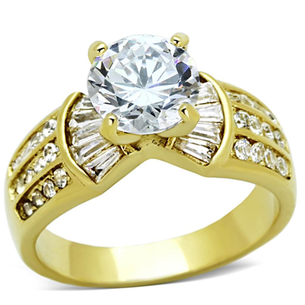 Stainless Steel Gold CZ Round Baguette Channel Wide Ring