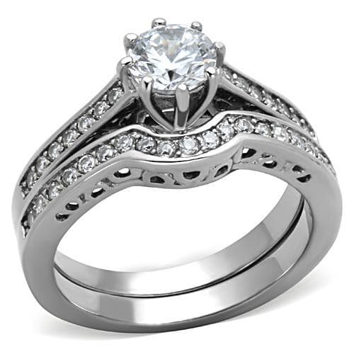 Stainless Steel CZ Round Solitaire Filigree Pave Bridal Set Ring